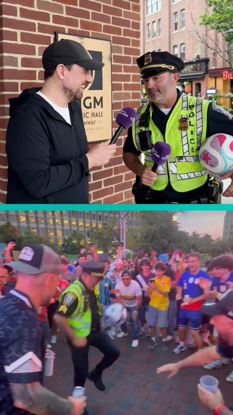 A split-screen showing a police officer being interviewed at the top and doing keepie uppies below.