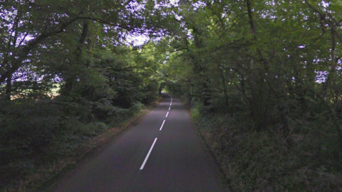 A rural country road covered overhead in tall thick trees. There are no other cars on the road.