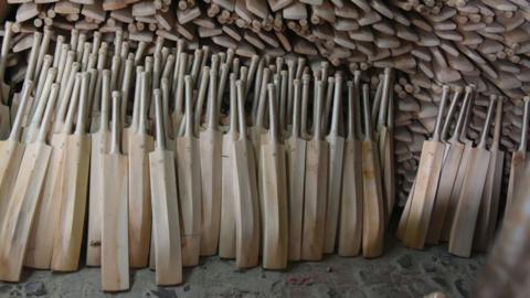 A collection of cricket bats not yet finished in a workshop