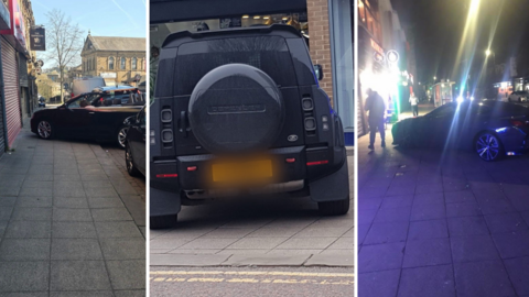 Three images side-by-side showing cars parked on the pavement outside shots. The further left image has a black car with its roof down parked diagonally onto the pedestrian walk way. The middle image is a 4x4 vehicle that has crossed over double yellow lines to park in front of a store. The furthest right was taken at night time and shows another diagonally pavement-parked black car.