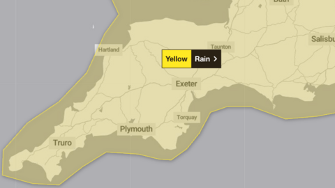 A map with Devon and Cornwall that has a yellow shape over it. There are the words "Yellow" and "Rain".