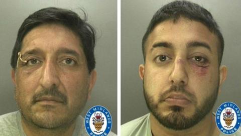 Mohammed Aslam (left) and his son Mohammed Nazir. They are both mugshot photos issued by West Midlands Police. Nazir has visible injuries under his eye. Both men appear to be wearing grey prison issue clothing. 