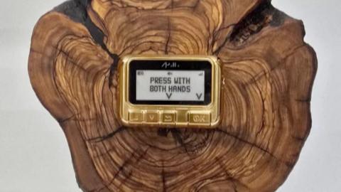 A golden pager on display above a piece of wood. 