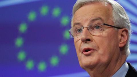 Michel Barnier speaks during press conference after he unveiled a draft Brexit treaty at EU headquarters in Brussels on February 28, 2018