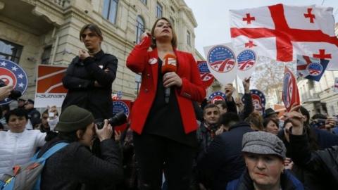 Journalists during a live broadcast at a protest rally outside Georgia's Supreme Court in Tbilisi. Photo: 2 March 2017