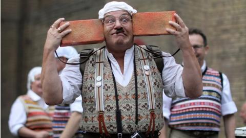 Monty Python fans dressed as the Gumbys gather in an attempt to set the world record for the largest gathering of people dressed as Gumbys as a part of the 50th anniversary of Monty Python"s Flying Circus at the Roundhouse in London, Britain 5 October 2019.