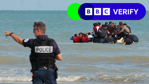 A picture of a French police officer in the foreground, gesturing to migrants on a small boat in the shallow sea in the background
