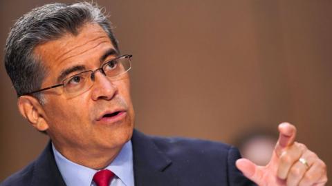 Secretary of Health and Human Services Xavier Becerra answers questions at a Senate Health, Education, Labor, and Pensions Committee hearing to discuss reopening schools during Covid-19 at Capitol Hill on September 30, 2021 in Washington, DC.