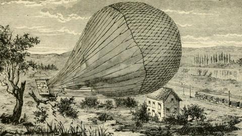 Wreck of the Geant printo showing a hot air balloon on it's side in a field