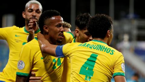 Brazil celebrate Eder Militao's goal against Ecuador