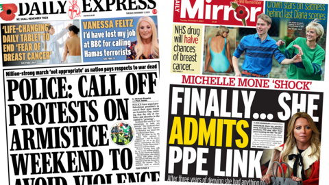 The headline in the Express reads, "Police: Call off protests on armistice weekend to avoid violence", while the headline in the Mirror reads, "Michelle Mone 'shock': Finally... she admits PPE link"