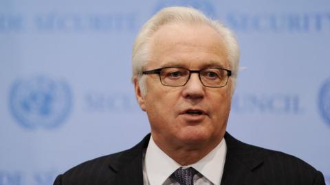 Vitaly Churkin, Russia"s Ambassador to the United Nations speaking to the media after a closed-door session of the Security Council to discuss the situation in Ukraine at UN headquarters in New York