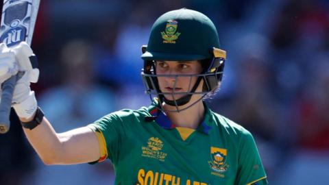 South Africa's Laura Wolvaardt watches the ball after playing a shot during the semi-final T20 women's World Cup cricket match between South Africa and England