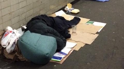 Homeless person's sleeping bag/bedding area