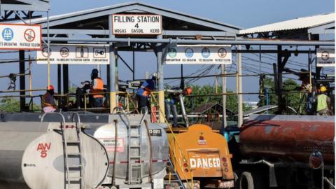 Tanker trucks being filled with fuel at the Varreux terminal in Port-au-Prince, Haiti in November 2021