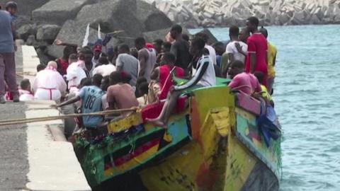 Migrants on a wooden boat on the island of El Hierro, Spain. Photo: 3 October 2023