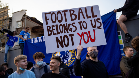 Chelsea fans protest against the European Super League in April 2021