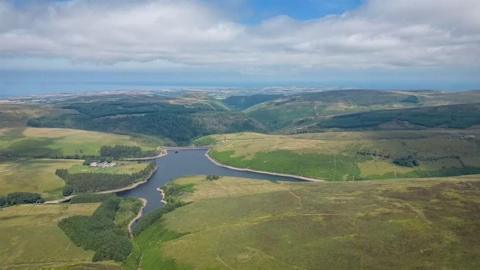 Aerial photo of reservoir in the Isle of Man