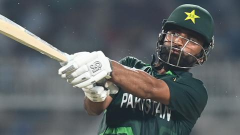 Fakhar Zaman of Pakistan plays a shot during the ICC Men's Cricket World Cup India 2023 between Pakistan and Bangladesh at Eden Gardens on October 31, 2023 in Kolkata, India.