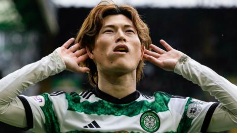 Kyogo Furuhashi celebrates after scoring for Celtic against St Johnstone