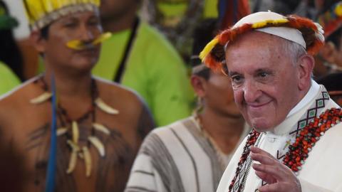 Pope Francis after meeting indigenous leaders in Peru in 2018