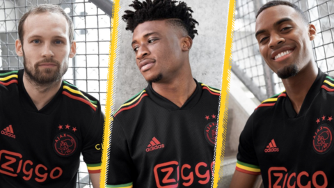 Daley Blind, Mohammed Kudus and Ryan Gravenberch wearing Ajax's new third kit.