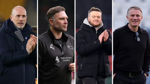 (L-R) Philippe Clement of Norwich, John Eustace of Derby, Kim Hellberg of Middlesbrough and Phil Parkinson of Wrexham.