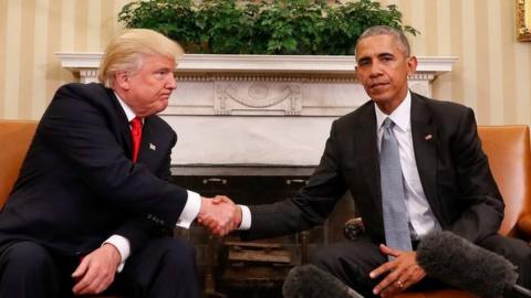 President Barack Obama and President-elect Donald Trump shake hands following their meeting in the Oval Office of the White House in Washington, Thursday, Nov. 10, 2016.