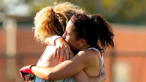 Ireland's Anna O'Flanagan and Niamh Carey celebrate their win over Belarus