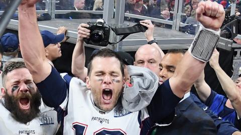 Julian Edelman and Tom Brady celebrate winning Super Bowl 53