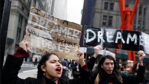 Activists and Daca recipients march up Broadway during the start of their "Walk to Stay Home," a five-day 250-mile walk from New York to Washington, DC.