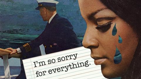 Illustration showing a man in naval uniform looking out to sea while a woman with tears on her face looks on wistfully, with the text, "I'm so sorry for everything"