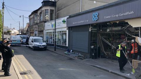 The damaged front of the Co-op in Garndiffaith