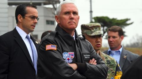 US Vice President Mike Pence visits the truce village of Panmunjom in the Demilitarized Zone (DMZ) on the border between North and South Korea on 17 April.