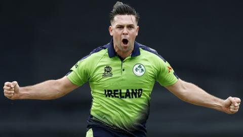 Fionn Hand celebrates his dismissal of Ben Stokes in Ireland's shock victory over England at the T20 World Cup