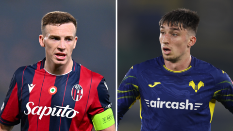 Lewis Ferguson of Bologna and Kieron Bowie of Verona in action for their respective teams