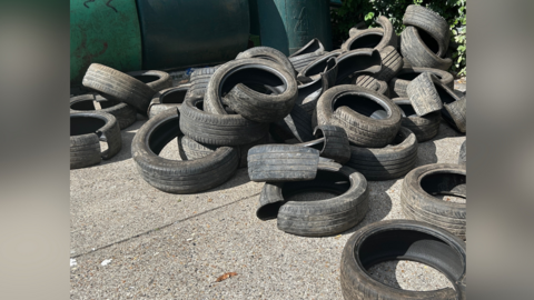 A number of tyres which have been fly-tipped at the site at Morrison’
s on Coldharbour Road in Gravesend. 