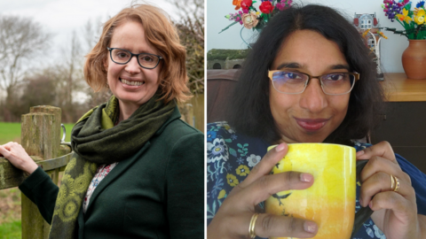 A composite image with a woman on the left with shoulder length ginger hair and black-rimmed glasses, wearing a green scarf and cardigan with her hand rested on a fence. On the right a woman with shoulder length brown hair is wearing a blue flowery top and has rectangular clear glasses. She is holding a yellow mug and is sat on a sofa. Behind her is lego flowers on a table.