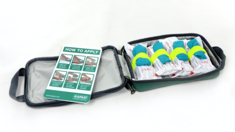 File image of a Rapaid kit containing bandages and instructions.