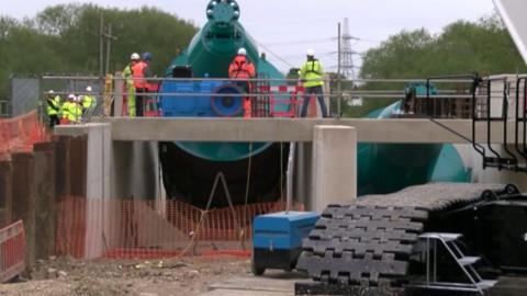 Hydro electric plant Archimedes screw on the River Thames at Sandford