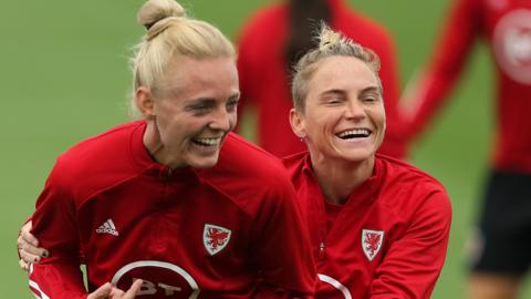 Sophie Ingle and Jess Fishlock during Wales training