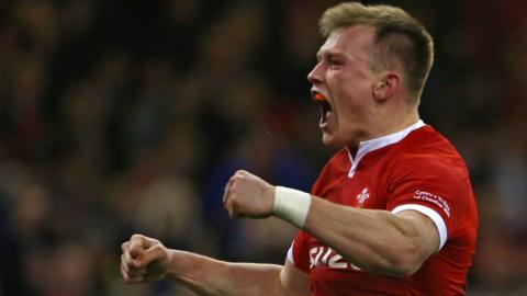 Nick Tompkins celebrates for Wales