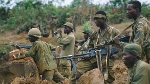 AFL forces under pressure from Ghanaian ECOMOG forces defend the Schieffelin front, 15 kilometers from Monrovia, during the Liberian Civil War. The Armed Forces of Liberia (AFL) is the national army under the Samuel Doe regime.