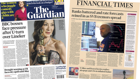 The headline in the Guardian reads, "BBC bosses face pressure after U-turn over Lineker", while the headline in the Financial Times reads, "Banks battered and rate forecasts reined in as SVB tremors spread"