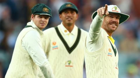 David Warner, Steve Smith and Usman Khawaja of Australia look on during day two of the Second Test Match in the series between Australia and the West Indies at Adelaide Oval on December 09, 2022