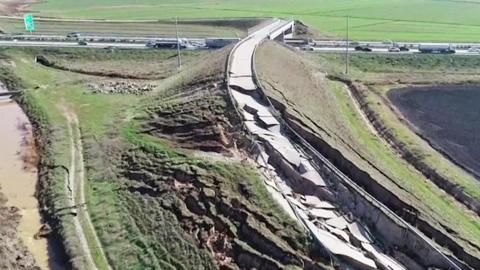 View from above: rocks and cracks have appeared along this road in Turkey