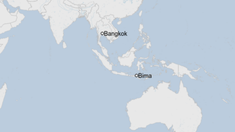 Map marking Bima in Indonesia and Bangkok in Thailand