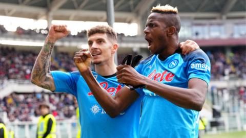 Victor Osimhen celebrates scoring for Napoli against Torino