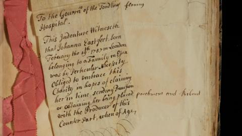 An image of a note left in February 1767 with a child named as Johanna Eastfeet 