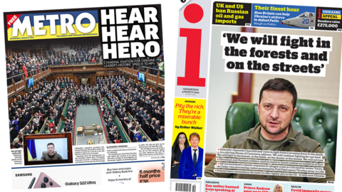 The front page of the Metro shows MPs in the Commons, while the front page of the i shows President Zelensky in his office